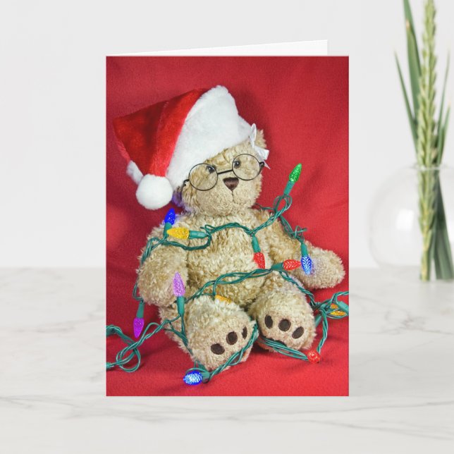 Teddy bear in Christmas lights Holiday Card (Front)