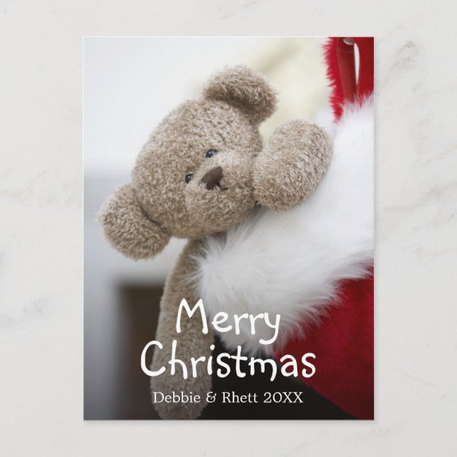 Teddy bear in Christmas stocking Holiday Postcard (Front)