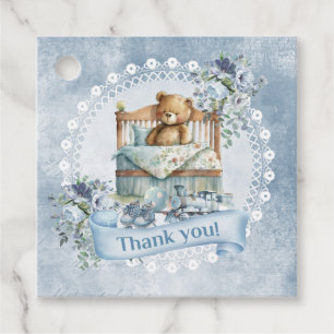 Teddy bear in crib blue flowers brown baby shower favour tags
