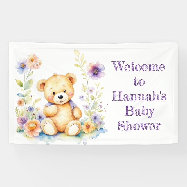 Teddy Bear in Flowers Girl's Baby Shower Banner (Horizontal)