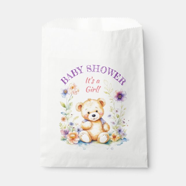 Teddy Bear in Flowers Girl's Baby Shower Favour Bags (Front)
