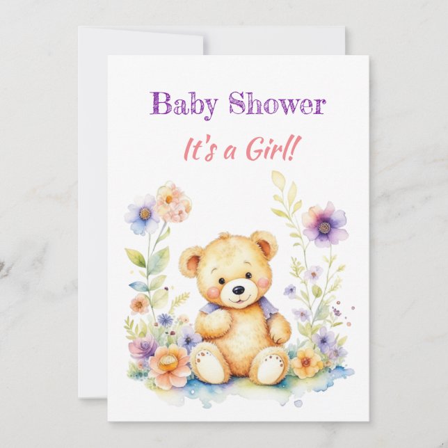 Teddy Bear in Flowers Girl's Baby Shower Invitation (Front)