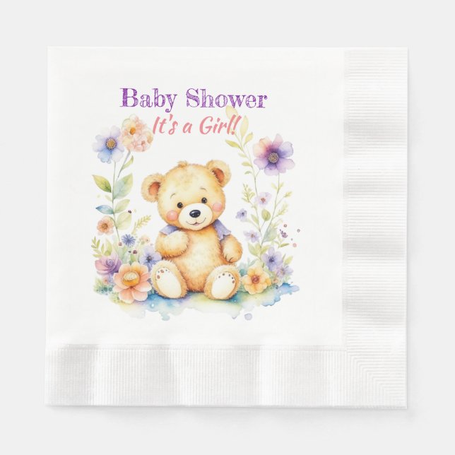 Teddy Bear in Flowers Girl's Baby Shower Napkin (Front)