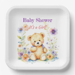 Teddy Bear in Flowers Girl's Baby Shower Paper Plate