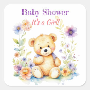 Teddy Bear in Flowers Girl's Baby Shower Square Sticker
