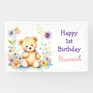 Teddy Bear in Flowers Girl's Birthday Party Banner