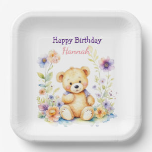Teddy Bear in Flowers Girl's Birthday Party Paper Plate