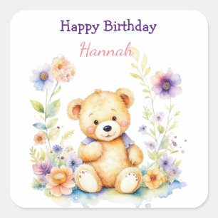 Teddy Bear in Flowers Girl's Birthday Party Square Sticker