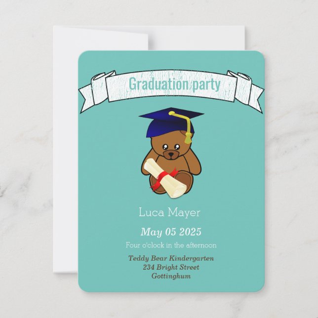 teddy bear in graduation cap - light teal invitation (Front)