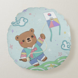 Teddy Bear in Hanbok: Kite Flying Round Cushion