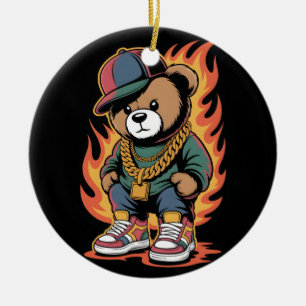 Teddy Bear in Hip-Hop Style with Gold Chains Ceramic Tree Decoration