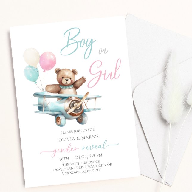 Teddy Bear in Plane Baby Gender Reveal Invitation (Creator Uploaded)