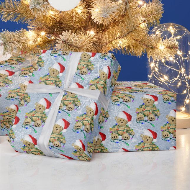Teddy Bear In Tangled Christmas Lights Wrapping Paper (Holidays)