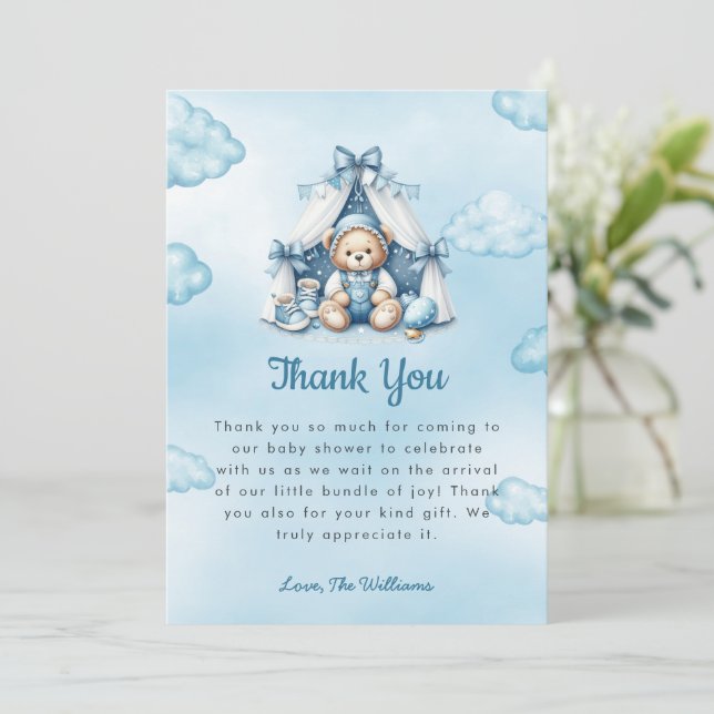 Teddy Bear In Tent Baby Shower Thank You Card (Standing Front)