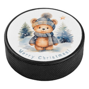 Teddy bear in the forest, personalized hockey puck