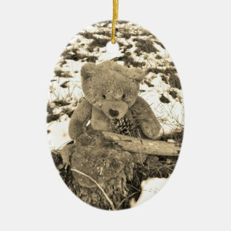 Teddy Bear in the Holly,Sepia tone Ceramic Tree Decoration
