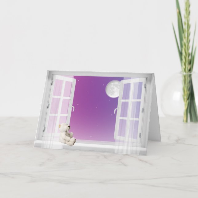 Teddy bear in window thinking of you holiday card (Front)