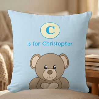Teddy bear initial name kids blue cushion