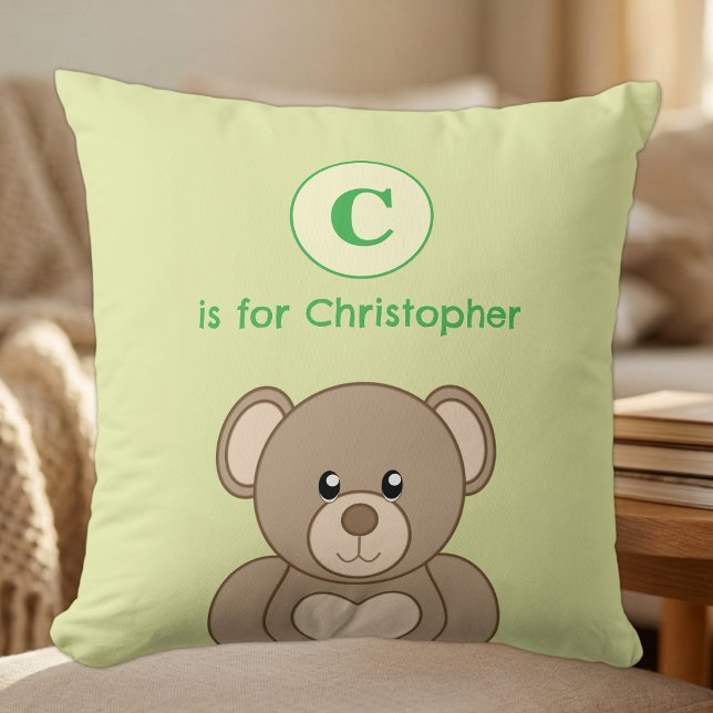 Teddy bear initial name kids green cushion (Creator Uploaded)