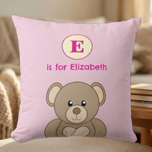 Teddy bear initial name kids pink cushion