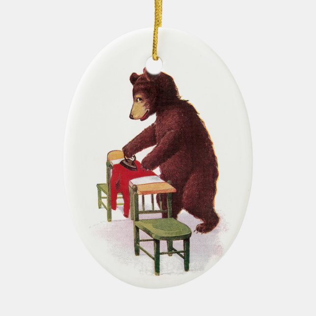 Teddy Bear Ironing Clothes Ceramic Tree Decoration (Front)