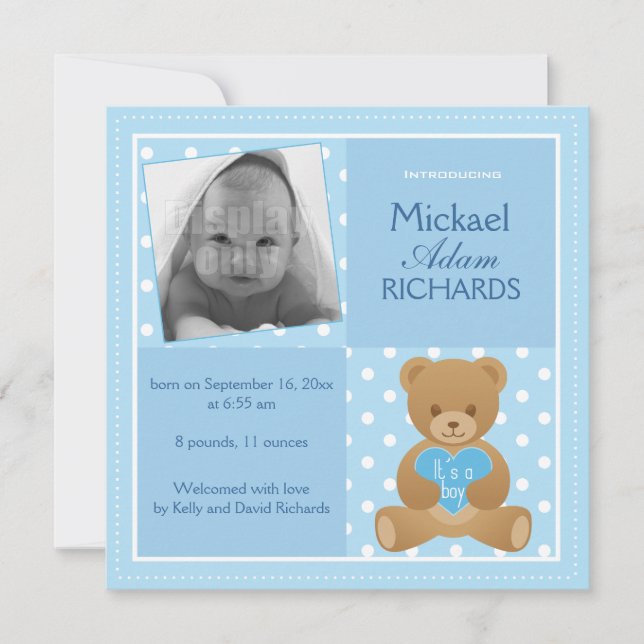Teddy bear "It"s a boy" announcement card (Front)