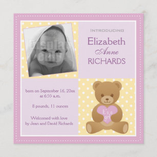 Teddy bear "It"s a girl" announcement card