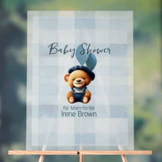 Teddy Bear Jean Baby Shower Blue Acrylic Sign