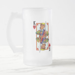 Teddy Bear King of Hearts Frosted Glass Beer Mug
