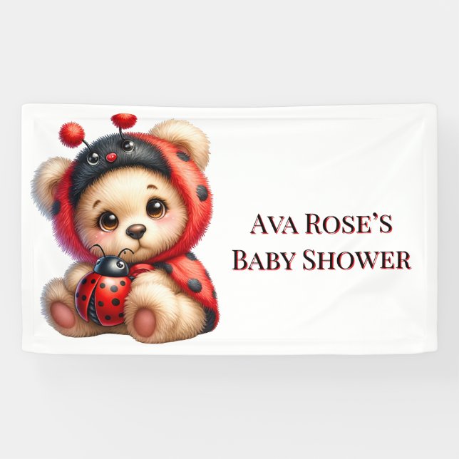 Teddy Bear Ladybug Stripes Girl Baby Shower Banner (Horizontal)