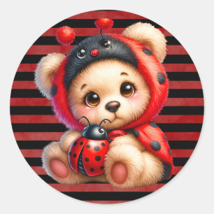 Teddy Bear Ladybug Stripes Girl Baby Shower Classic Round Sticker
