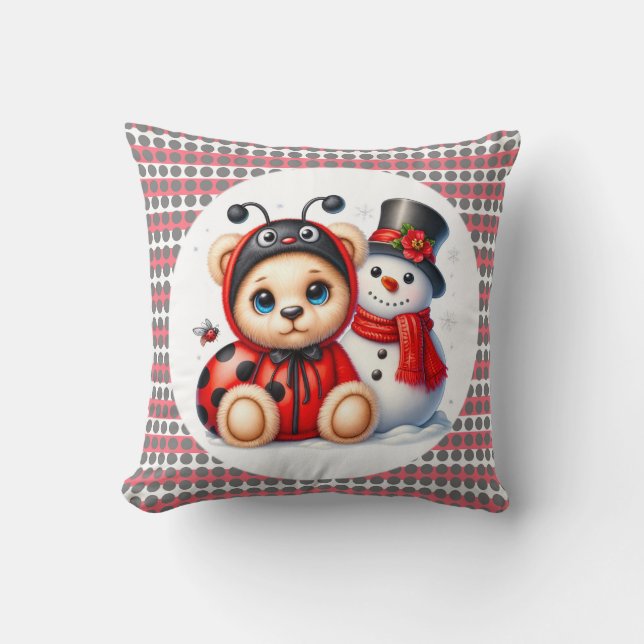 Teddy Bear Ladybug with Snowman Baby Shower Gift Cushion (Front)