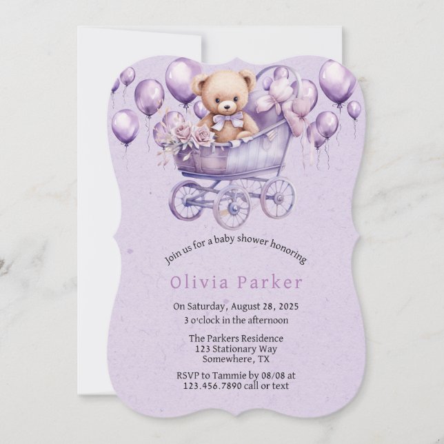 Teddy Bear Lavender Carriage Girl Baby Shower Invitation (Front)