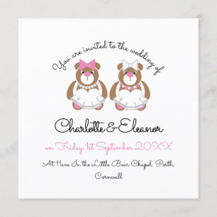 Teddy bear lesbian wedding cute white invitation