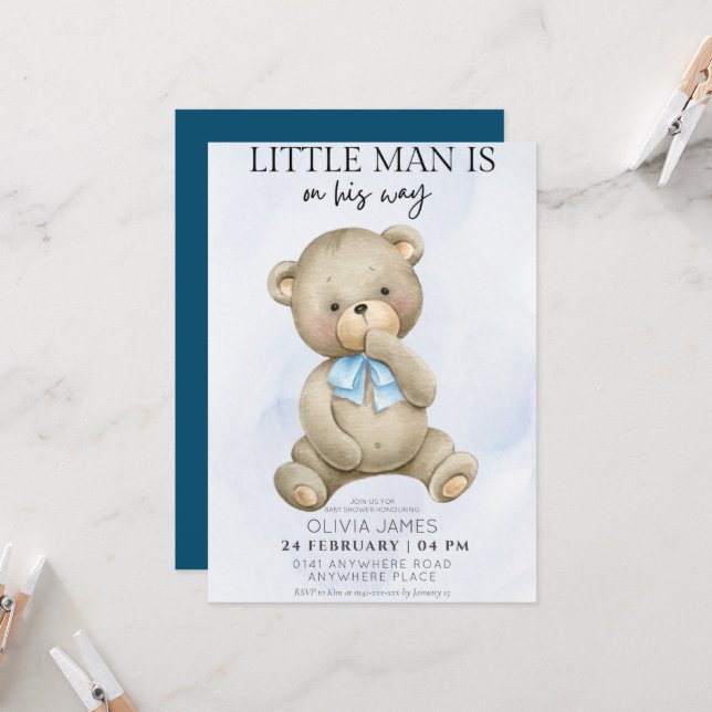 Teddy bear little man is on his way baby shower  invitation (Front/Back In Situ)
