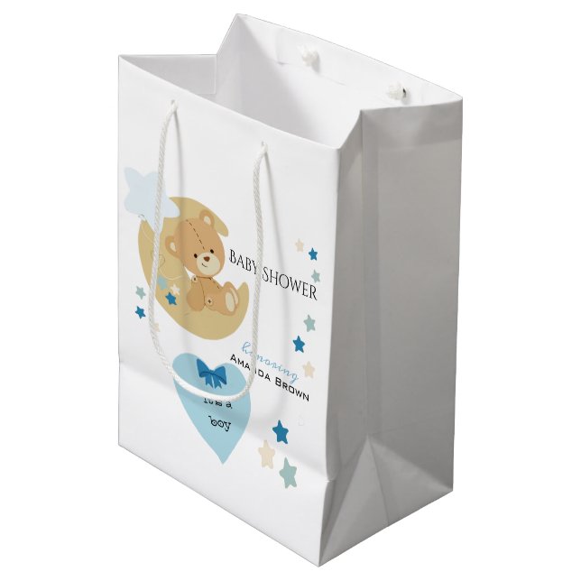 Teddy Bear Love Baby Boy Shower | Medium Gift Bag (Front Angled)