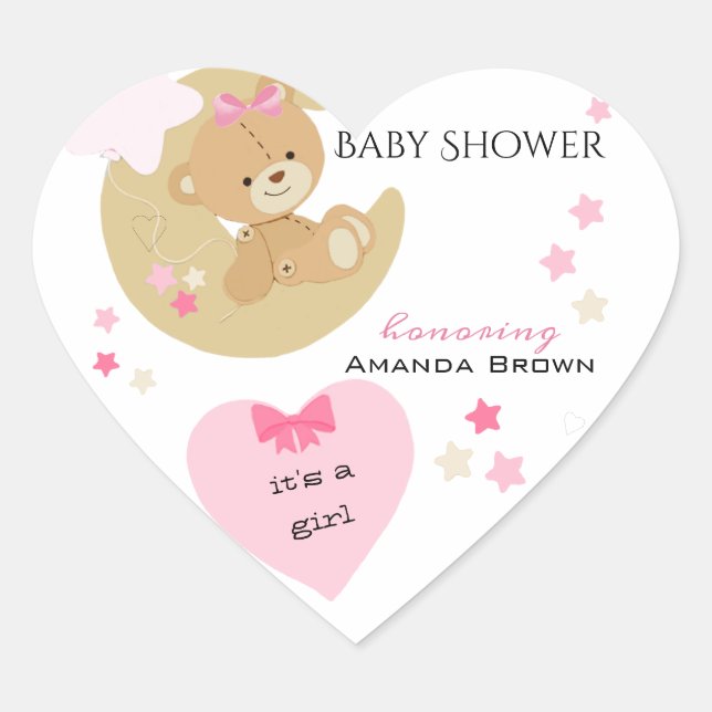 Teddy Bear Love Baby Girl Shower Heart Sticker (Front)