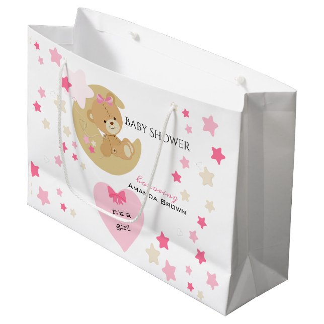 Teddy Bear Love Baby Girl Shower Large Gift Bag (Front Angled)