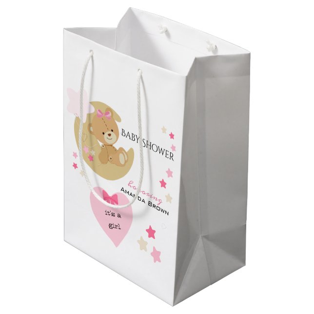 Teddy Bear Love Baby Girl Shower Medium Gift Bag (Back Angled)