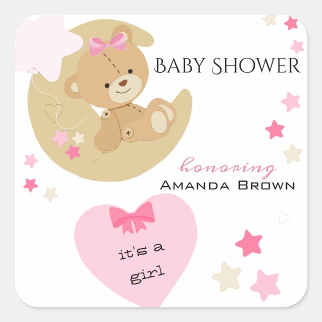 Teddy Bear Love Baby Girl Shower Square Sticker (Front)