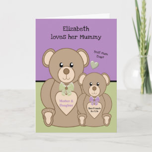 Teddy bear love you mummy purple and green card