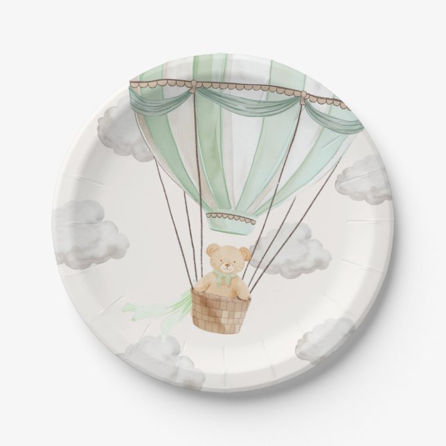Teddy Bear Mint Green Hot Air Balloon Paper Plate (Front)
