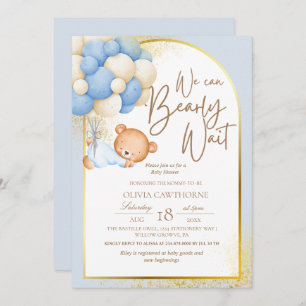 Teddy Bear Modern Blue Gold Baby Shower Invitation