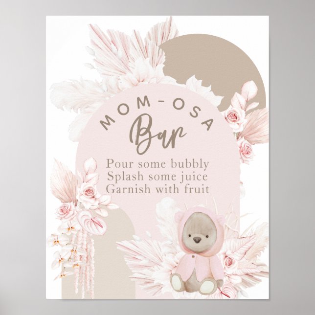 Teddy Bear Modern Boho Girl Baby Shower bar Poster (Front)