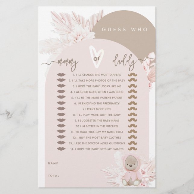 Teddy Bear Modern Boho Girl Baby Shower game (Front)