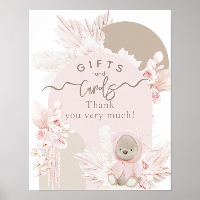 Teddy Bear Modern Boho Girl Baby Shower gift card Poster (Front)
