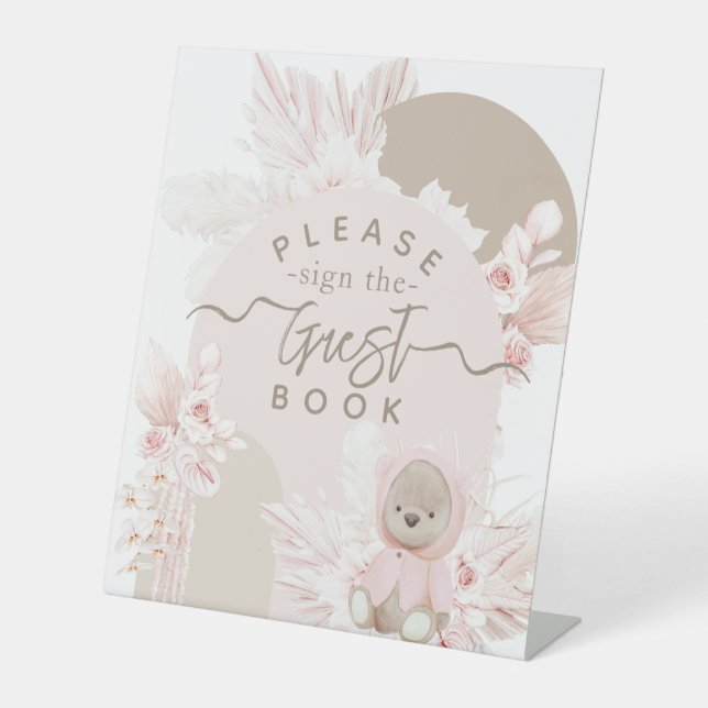 Teddy Bear Modern Boho Girl Baby Shower guest book Pedestal Sign (Front)