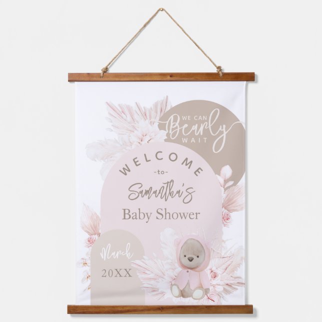 Teddy Bear Modern Boho Girl Baby Shower  Hanging Tapestry (Front)