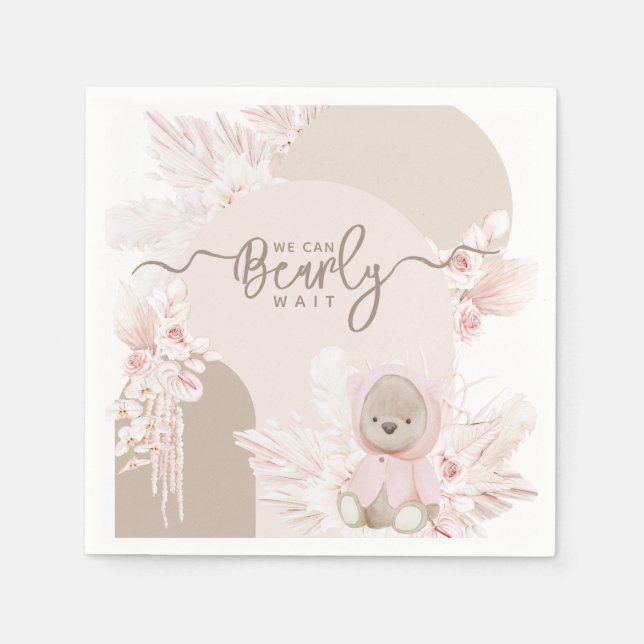 Teddy Bear Modern Boho Girl Baby Shower Napkin (Front)