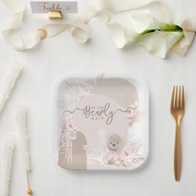 Teddy Bear Modern Boho Girl Baby Shower Paper Plate (Wedding)